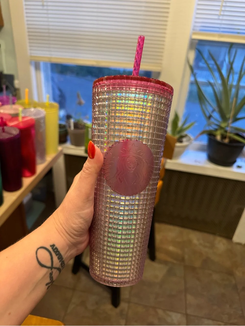 Starbucks Iridescent Pink Studded Tumbler with Pink Lid and Straw